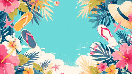 Flip-flops and beach hats border, casual summer sales banner, playful pastel tones, trendy advertisementの素材