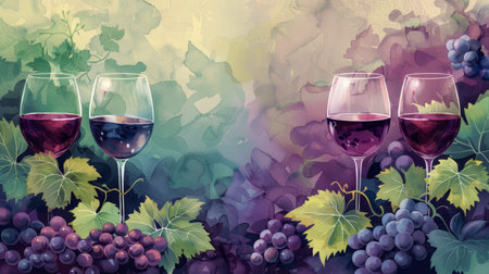Vineyard and wine glasses border, sophisticated summer sales banner, rich purple and green tonesの素材