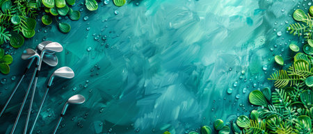 Luxury summer golf retreat sales design, border of golf clubs and green courses, golf retreat colors, tee up for savings copy spaceの素材