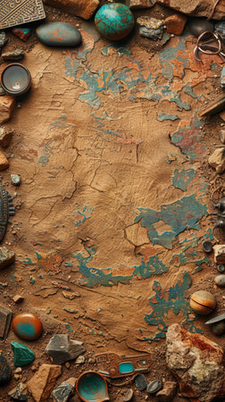 Summer archaeology expedition sales design, border of ancient artifacts and dig sites, expedition colors, explore past prices copy spaceの素材