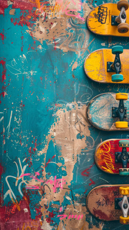 Summer skate park sales design, border of skateboards and graffiti, skate park energy colors, skate into savings copy spaceの素材