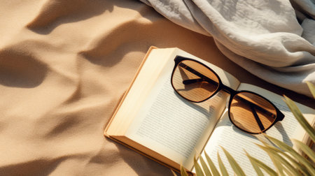 Flat lay of a summer novel and reading glasses on a beach towel, central text space,の素材