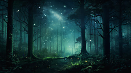 Quiet forest clearing at night, stars visible through tree tops, and night sounds,の素材