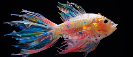 A conceptual photo of a fish sculpture made from colorful microplastics, representing marine life and pollution,の素材