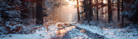 Snowy forest path in winter, blurred background,の素材