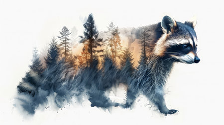 Watercolor double exposure of a raccoon and a night forest, isolated on whiteの素材