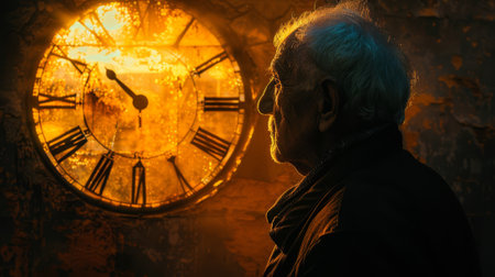 Elderly person's silhouette combined with a vintage clock, nostalgic tonesの素材