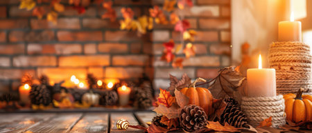 Cozy fireplace with fall decor and copy spaceの素材