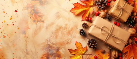 Fall-themed gift wrapping with copy spaceの素材