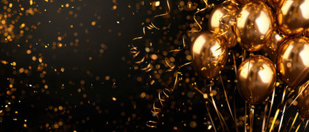 Sophisticated birthday banner in glossy 3D, featuring golden streamers and balloons, copy spaceの素材