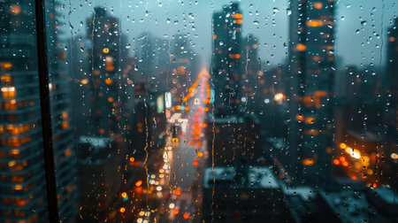Rainy cityscape from a high-rise window, droplets on glass, blurred lights, copy space, urban vibe,の素材