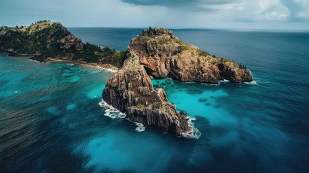 Drone shot of a remote island with rugged cliffs, turquoise waters, cloudy skyの素材
