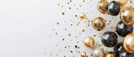 Elegant birthday banner with glossy 3D balloons and golden confetti, ample copy space, white backgroundの素材