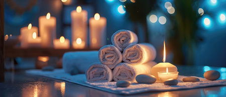 Relaxing spa setting with candles and towels, tranquil atmosphere, copy spaceの素材
