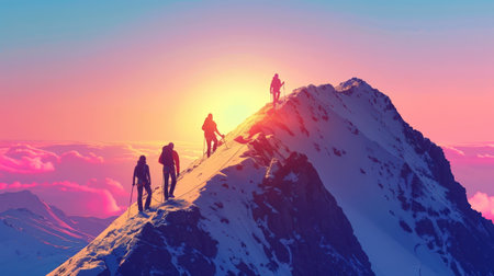 Climbers reaching the summit of a high peak, clear sky, vibrant colors, wide-angle shot, inspirational atmosphere,の素材