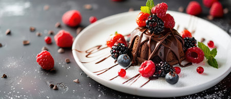Elegant dessert with chocolate and berries on a white plate, gourmet presentation, copy space,の素材