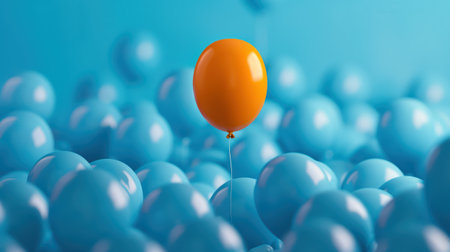A single orange balloon stands out in a sea of blue balloons, creating a striking contrast in a vibrant and colorful scene.の素材