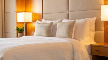 Elegant bedroom with king-size bed, plush pillows, and bedside lamps, soft lightingの素材