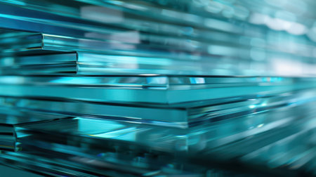 Glass sheets stacked, factory environment, reflections and transparency,の素材