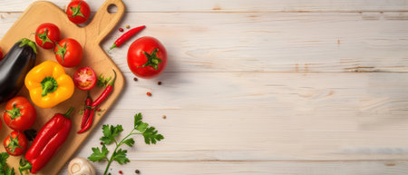 A variety of fresh vegetables including tomatoes, peppers, and eggplants on a wooden cutting board with a white wooden background.の素材