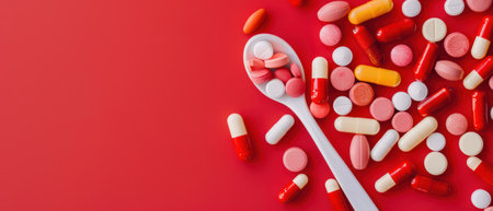 Various colorful pills and capsules scattered on a red background with a white spoon, representing healthcare and medicine.の素材