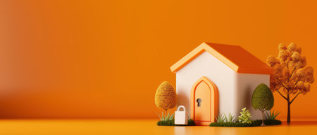 Stylized miniature house with an orange roof, surrounded by trees, set against a bright orange backdrop. Ideal for real estate, architecture, and design concepts.の素材