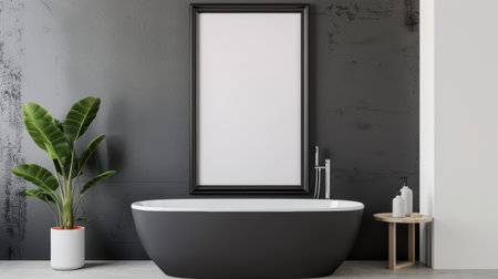 A sleek, modern bathroom featuring a freestanding tub, black wall, indoor plant, and a blank picture frame for customization.の素材