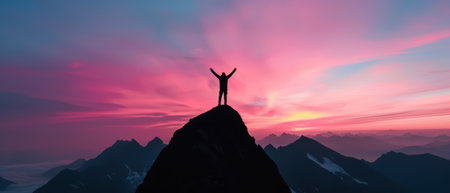 A person stands triumphantly on a mountain peak during a stunning sunset, with a vibrant pink and purple sky in the background.の素材
