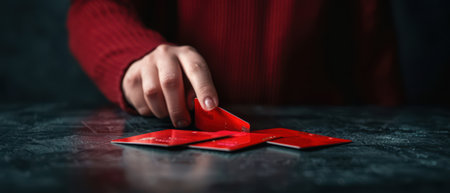 Close-up of a hand selecting red cards from a deck on a dark marble surface, with a person wearing a red sweater in the background.の素材