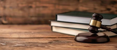 Close-up of a wooden gavel and law books on a rustic wooden table, symbolizing justice, law, and legal proceedings.の素材