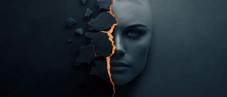 A striking abstract image of a human face emerging from a cracked wall, illuminated by a fiery glow, symbolizing strength and resilience.の素材
