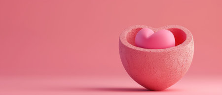 A heart-shaped pink stone bowl containing a smaller pink heart, set against a pink background. Perfect for themes of love, romance, and affection.の素材