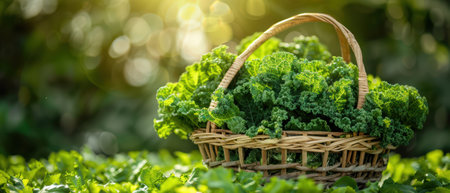 A wicker basket filled with fresh organic kale leaves, placed in a lush green garden under warm sunlight, showcasing healthy and nutritious vegetables.の素材