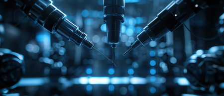 Close-up of advanced robotic surgery equipment in a high-tech medical facility, illuminated by blue lighting, showcasing precision and innovation in medical technology.の素材