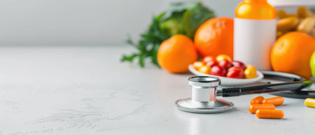 Fresh fruits, vegetables, pills, and a stethoscope on a white background, symbolizing health, nutrition, and medical care.の素材