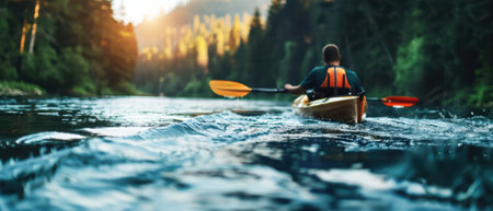 A lone kayaker navigates a tranquil river surrounded by lush forest, bathed in the warm glow of the setting sun.の素材