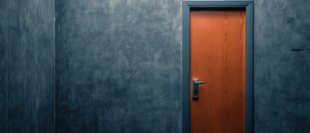 A sleek wooden door set in a dark concrete hallway, showcasing minimalist design and subtle lighting for a contemporary architectural aesthetic.の素材