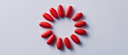 A minimalist image featuring red capsules arranged in a circular pattern on a white background, symbolizing health and medicine.の素材