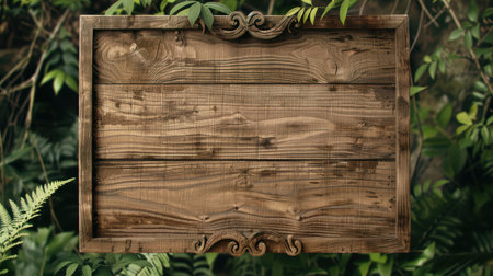 A beautifully crafted wooden signboard with an ornate frame, set against a backdrop of lush green foliage, perfect for nature-themed designs.の素材