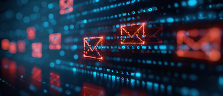 A vibrant digital illustration showcasing glowing email icons amidst a backdrop of binary code, representing modern communication and technology.の素材