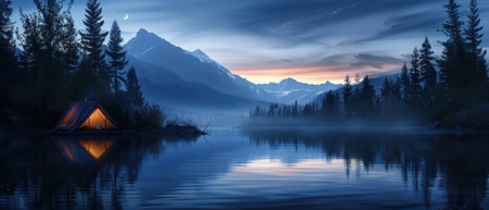Serene evening scene of a peaceful mountain lake with a glowing tent, surrounded by pine trees and snow-covered mountains under a twilight sky.の素材