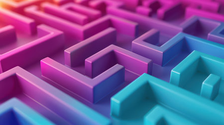 Vibrant 3D maze with gradient lighting in purple and blue tones, creating an abstract geometric background.の素材