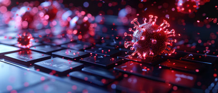 A high-resolution image depicting virus particles on a keyboard, symbolizing cybersecurity threats and the importance of digital safety.の素材
