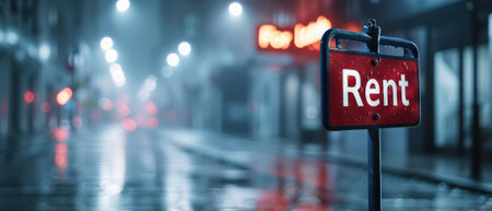 A rainy night city street scene featuring a prominent rent sign with blurred lights and reflections in the background.の素材