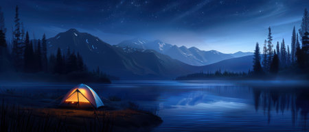 Campers setting up tent by a serene lake, twilight hues, mountain reflections --ar 7:3 --personalize kjri1vv Job ID: 417df68d-9b28-4b05-bfd7-018111693cbeの素材