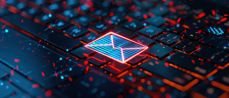Close-up of a glowing email icon on a keyboard with neon lights and digital effects, symbolizing modern communication technology.の素材