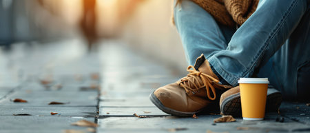 A person in warm clothing and boots sits on an urban street with a coffee cup, enjoying a cozy autumn morning.の素材
