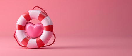 Heart-shaped pink balloon inside a red and white lifebuoy on a pink background, symbolizing love, safety, and protection.の素材