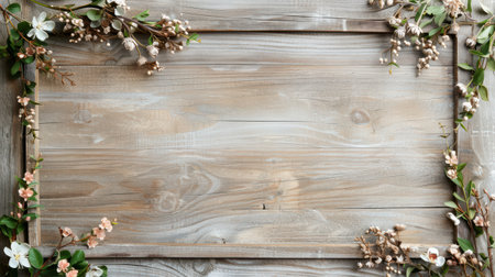 A rustic wooden background adorned with spring flowers and greenery, perfect for natural and organic design projects.の素材