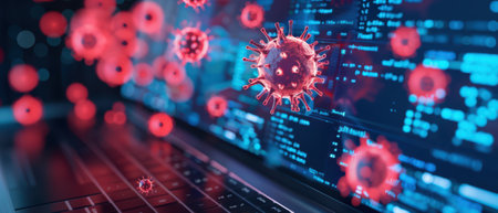 Red virus particles floating over a computer keyboard with code in the background, symbolizing digital threats and cybersecurity.の素材